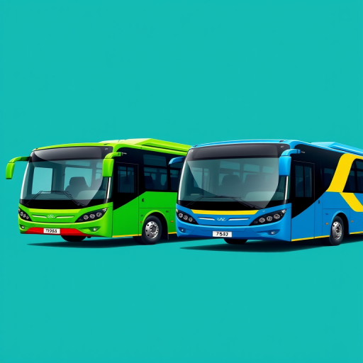 Create a vibrant digital illustration of two modern buses on a solid teal background, one in green and the other in blue with yellow accents, using a high-resolution digital camera with a 50mm lens, aperture f/8 for sharpness, and a slight soft-focus effect to enhance details and colors.