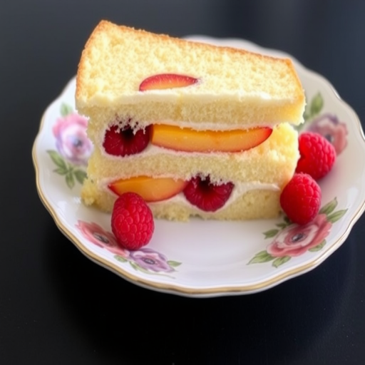 A slice of layered cake with raspberries and peaches on a decorative white plate with a floral design, set on a dark surface, showcasing the creamy texture and colorful fruit filling.