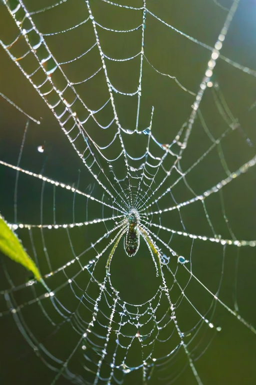 Sharp, detailed close-up of a spider weaving its web in the early morning, tiny dew droplets clinging to the delicate strands, with soft blue and green light reflecting off the surrounding foliage.