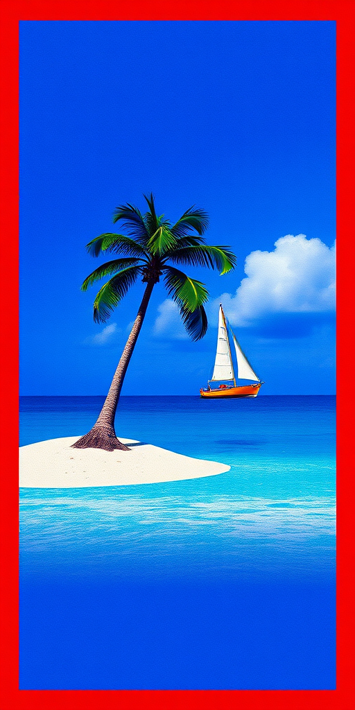 Create an image of the Guam flag featuring a palm tree and a sailboat on a beach scene within a blue and red border, shot with a DSLR camera, aperture f/4, ISO 100, 24mm lens, and using a vibrant color profile for enhanced quality.