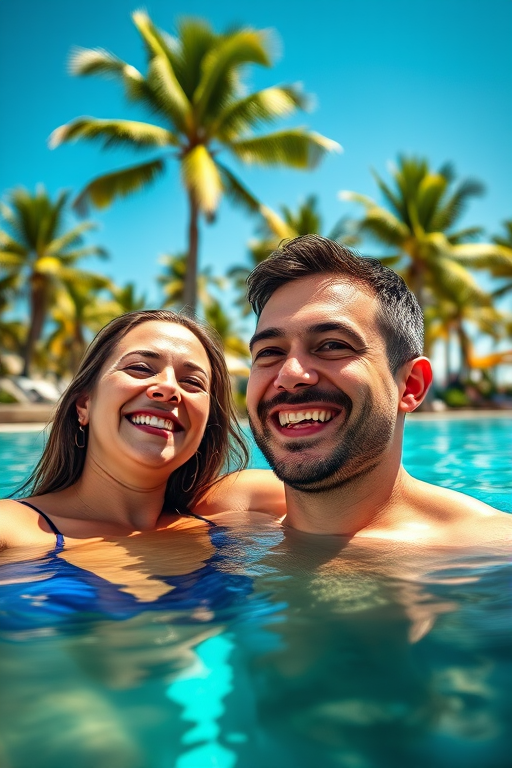 couple enjoying a joyful moment in a clear blue pool surrounded by palm trees, bright sunlight, close-up focus, aperture f/2.8, ISO 100, shutter speed 1/200, taken with a DSLR camera, vibrant colors, shallow depth of field