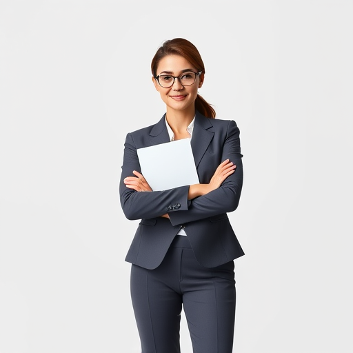 Create a high-resolution illustration of a confident woman in business attire, arms crossed, holding a document, shot with a Canon EOS 5D Mark IV, using a 50mm lens at f/1.8, in a well-lit studio setting for vibrant colors and clear details.