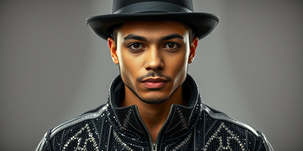 portrait of a person wearing a glittery black jacket with silver stripes and a black hat, front view, studio lighting, f/2.8 aperture, ISO 100, 85mm lens, soft focus background, high dynamic range photography, taken with a DSLR camera