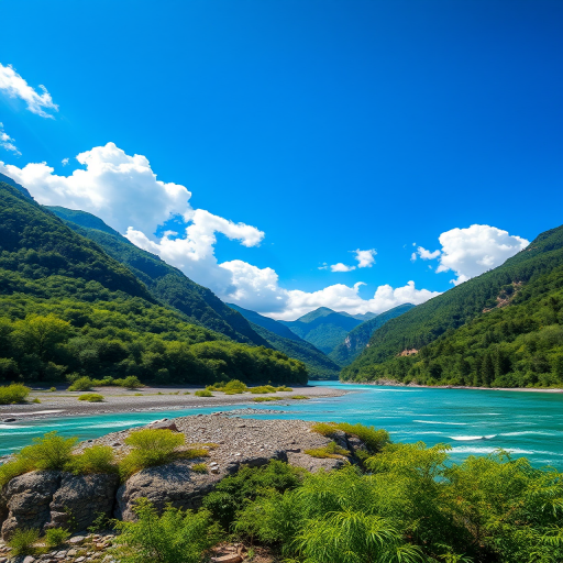 generate a vibrant landscape of a tranquil river surrounded by lush green mountains under a bright blue sky with fluffy white clouds, shot with a Canon EOS R5, 24mm lens, f/8 aperture, ISO 100, in natural light with a high dynamic range to enhance colors and details