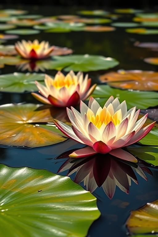 Capture a close-up shot of giant water lily pads reflecting in a tranquil pond, using a DSLR camera, aperture f/8, ISO 100, shutter speed 1/200s, natural sunlight for vibrant colors and clarity.
