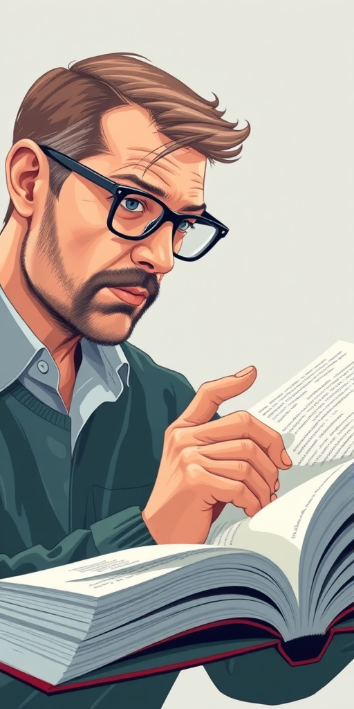 create an illustration of a bespectacled man focused intently on a large open book with his finger pointing at the pages, use a vector art style, capture with a high-resolution digital camera at 50mm focal length, f/2.8 aperture, and a soft lighting setup for clarity and depth