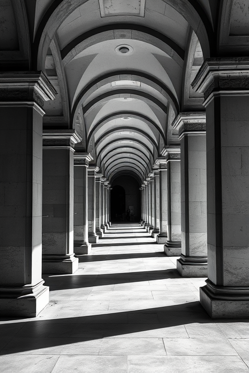 regenerate a black and white image of a corridor lined with arches and columns, natural lighting casting shadows, captured with a DSLR camera, 50mm lens, f/8 aperture, ISO 100, 1/200s shutter speed, wide-angle view to enhance depth and perspective