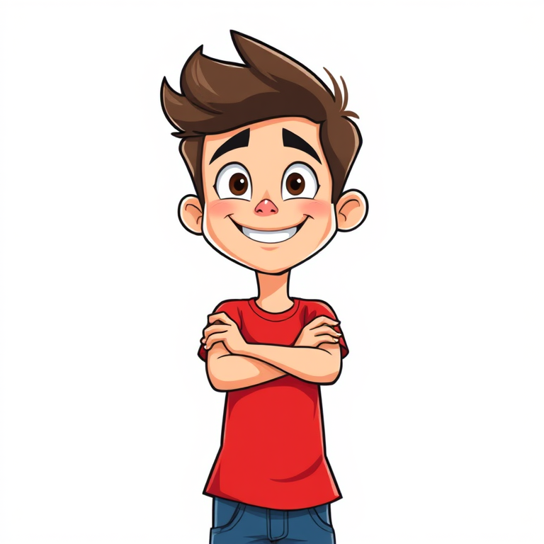 Create a cartoon character of a young man with a playful expression, wearing a red t-shirt and blue jeans, standing confidently with arms crossed, mid-shot, using a DSLR camera at f/8 aperture, ISO 200, 50mm lens, soft lighting for a clean background.