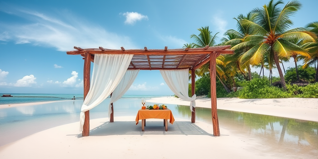Create a picturesque tropical beach scene featuring a serene, white sandy shore. In the foreground, there's a rustic wooden canopy with white drapes gently flowing in the breeze. Underneath the canopy, a table is set with tropical decor, evoking a sense of relaxation and leisure. The beach extends into a calm, shallow water area with reflections of the sky and surroundings. Palm trees and lush greenery line the edge of the beach, providing a natural, tropical backdrop. The sky is clear with a few scattered clouds, and the overall atmosphere is tranquil and inviting, perfect for a peaceful retreat.