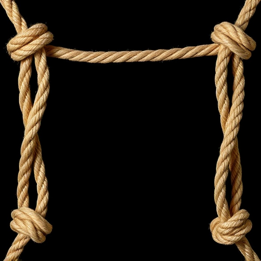 Generate an image of a rectangular frame made of intertwined ropes with knots at each corner, using a DSLR camera with a 50mm lens, f/2.8 aperture, ISO 100, and a black background for enhanced contrast.
