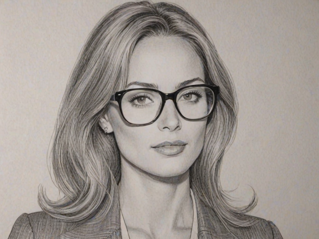 Fascinating Justin Hartley, pencil sketch, portrait of Dazzling woman 1973s in glasses, hair style beatnik, outline, clear lines, fine lines, 8k