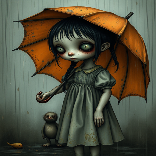 An eerie, weird little girl with dark hair in thin pigtails, wearing a smock dress, standing in the rain, holding a dirty orange umbrella, a small, odd creature beside her. In a surreal style inspired by Nicoletta Ceccoli and Brian Froud. Dark fantasy themes