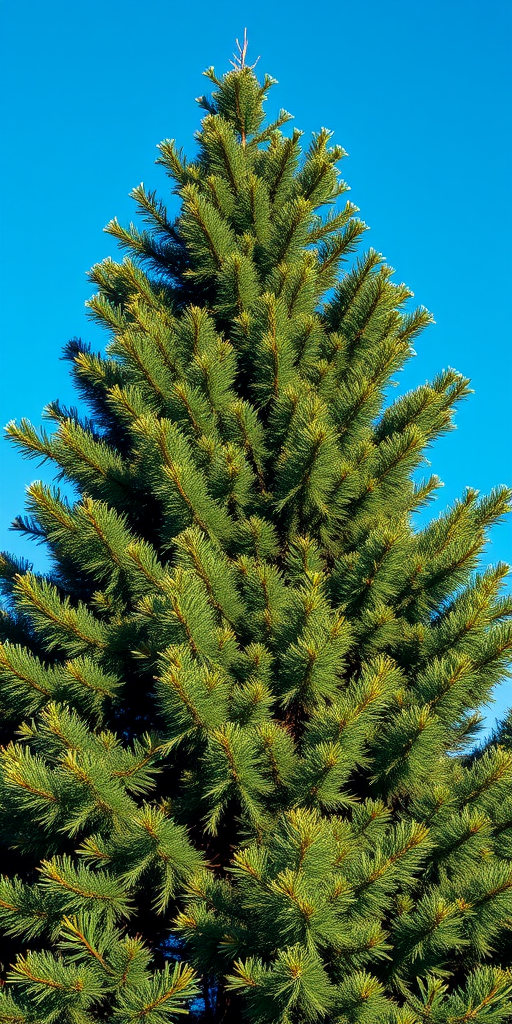 Create a highly detailed illustration of a tall evergreen tree, set against a clear blue sky, using a DSLR camera with a 50mm lens at f/2.8 for shallow depth of field, ISO 100, and natural lighting to enhance texture and colors.