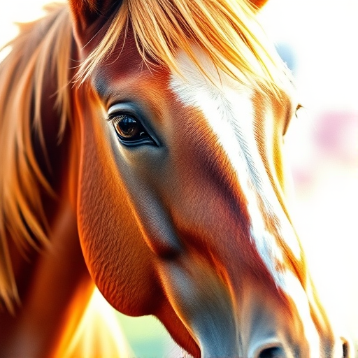 Create a vibrant watercolor style portrait of a horse with a focus on its expressive eyes and flowing mane, using a Canon EOS R5 with a 50mm f/1.2 lens, aperture set to f/2.8, shot from a 45-degree angle to capture depth and detail, in natural light to enhance colors and textures.