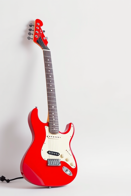 Create a high-resolution image of a red electric guitar positioned upright against a plain background, using a DSLR camera with a 50mm lens at f/1.8, ISO 100, and a shutter speed of 1/200s, capturing the details of the guitar in a well-lit environment with soft diffused light.
