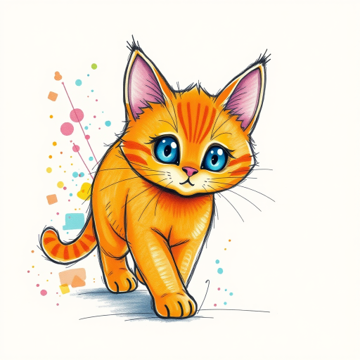 A vibrant childs coloured pencil drawn illustration of a bright orange cat with large, expressive blue eyes, a very cute style. The cat appears to be walking towards the viewer, surrounded by an abstract splash of colors and fine black lines, giving the image a dynamic and artistic flair. The background is a soft beige, highlighting the cat's vivid coloration and playful demeanor. Naively drawn scratchy line style.