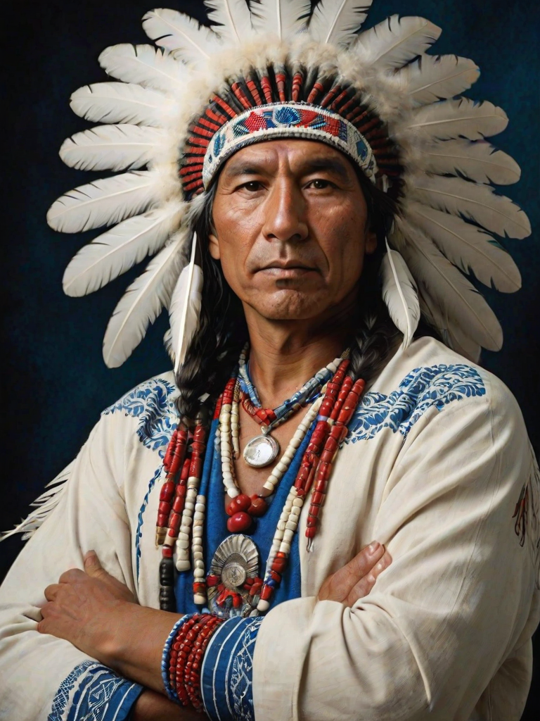 Create a dignified portrait of a Native American man dressed in traditional attire. He wears a beautifully crafted headdress adorned with white feathers and red beads, along with a beaded headband featuring intricate patterns. His clothing includes a deep blue, patterned shirt and a traditional chest piece with detailed beadwork. His arms are crossed, displaying leather armbands decorated with feathers. The background is simple and neutral, emphasizing his proud and stoic expression. The overall image captures the rich cultural heritage and strength of his persona.