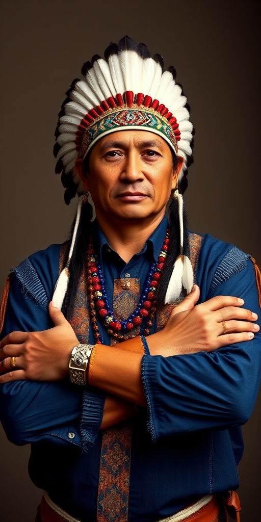 Create a dignified portrait of a Native American man dressed in traditional attire. He wears a beautifully crafted headdress adorned with white feathers and red beads, along with a beaded headband featuring intricate patterns. His clothing includes a deep blue, patterned shirt and a traditional chest piece with detailed beadwork. His arms are crossed, displaying leather armbands decorated with feathers. The background is simple and neutral, emphasizing his proud and stoic expression. The overall image captures the rich cultural heritage and strength of his persona.