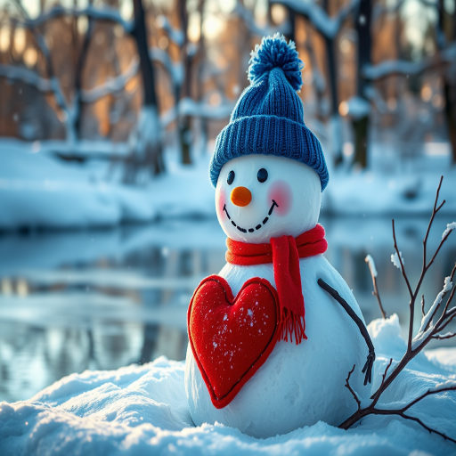 A cheerful snowman with a red heart placed on its chest, wearing a blue hat and a red scarf, sitting among a snowy landscape with soft falling snow, surrounded by a frozen pond reflecting the scene, captured with a Canon EOS R5, 50mm f/1.2 lens, aperture f/1.8, shutter speed 1/200 sec, ISO 100, soft focus background with warm sunlight filtering through the trees.