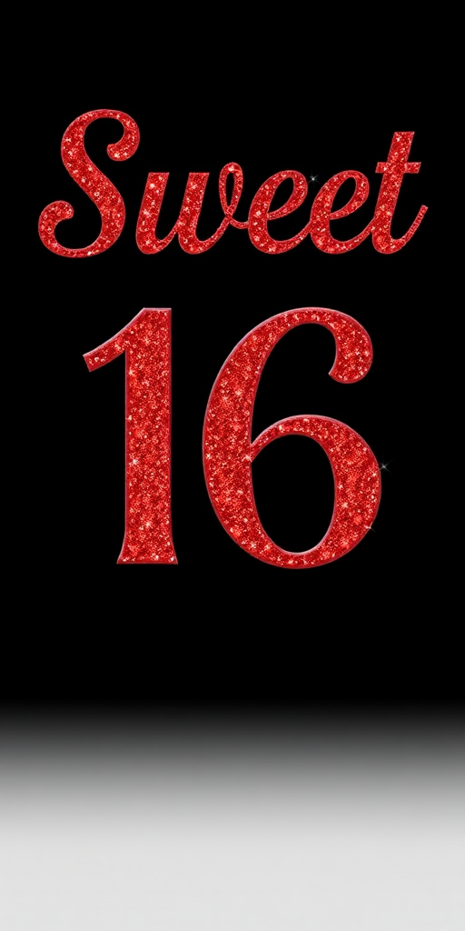 Create an image of the text "Sweet 16" in glittering red and elegant silver typography on a solid black background, using a DSLR camera with a 50mm lens, aperture f/2.8, ISO 100, and a soft focus to enhance the visual quality.