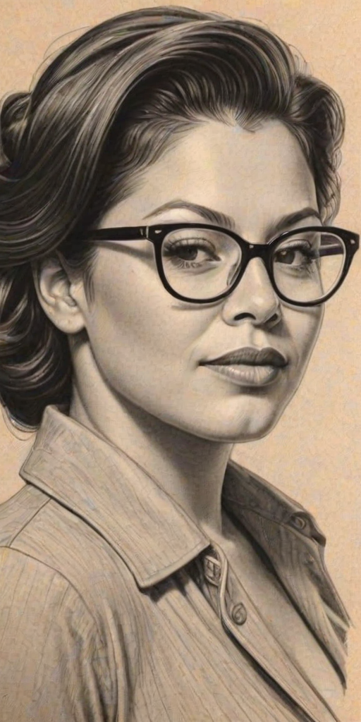 Radiant Sara Ramirez, pencil sketch, portrait of Charming woman 1947s in glasses, hair style beatnik, outline, clear lines, fine lines, 8k