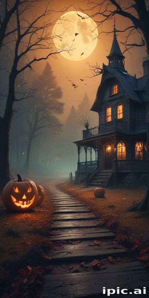 A Spooky Halloween Night with a Haunted House and Glowing Pumpkins