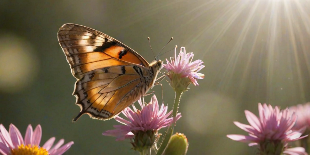 Sharp, detailed close-up of a butterfly landing on a blooming flower, soft sunlight reflecting off its wings, tiny details of the flower's petals visible, the smell of fresh blooms in the air, and the feeling of springtime.