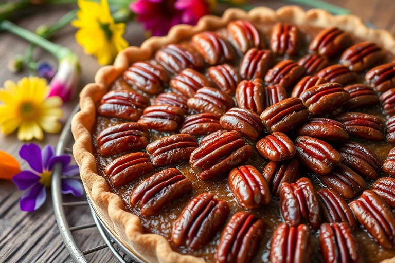 A close-up view of a delicious pecan pie topped with shiny caramelized pecans on a golden brown crust, surrounded by colorful edible flowers and a rustic wooden surface.