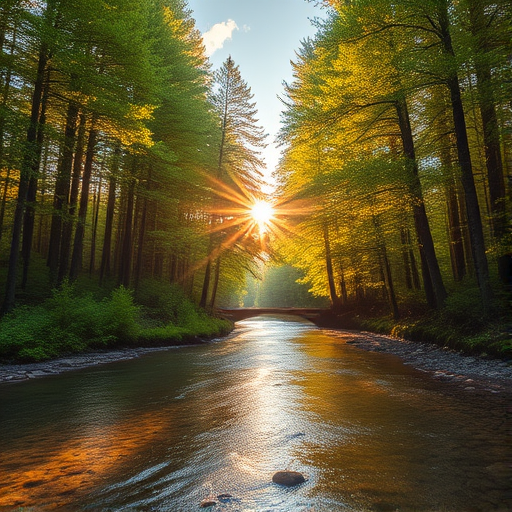Create an image of a serene, sunlit forest scene with a clear, gently flowing river. Tall trees with lush green foliage line both sides of the river, their leaves bathed in the warm golden light of the setting or rising sun. The sunlight filters through the trees, casting soft, dappled light on the river, which flows over smooth rocks and pebbles, creating a peaceful, natural atmosphere. The sky is bright with a few scattered clouds, and the overall mood is tranquil, evoking a deep sense of connection with nature. The image captures the beauty of a calm, pristine forest landscape at either dawn or dusk.