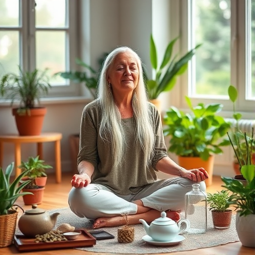 A serene indoor space with natural light streaming through a window, a tranquil elderly woman with long silver hair meditating in a cross-legged position surrounded by potted plants, herbal elements, and tea set, soft focus, 50mm lens, f/1.8 aperture, warm color tones, shot on a DSLR camera with a shallow depth of field.