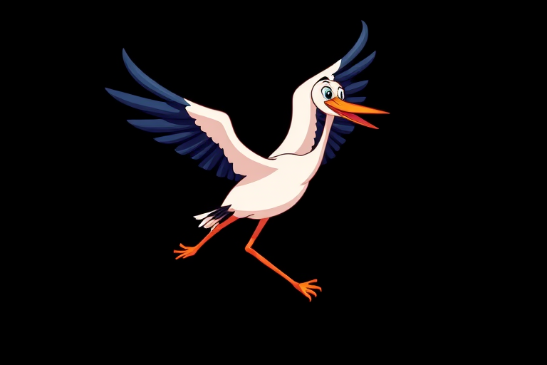 Create a vibrant cartoon illustration of a cheerful stork flying against a solid black background, using a digital art style with high contrast colors, a 50mm lens, f/1.8 aperture for a shallow depth of field, capturing crisp lines and vivid details with a soft gradient for the wings and body.