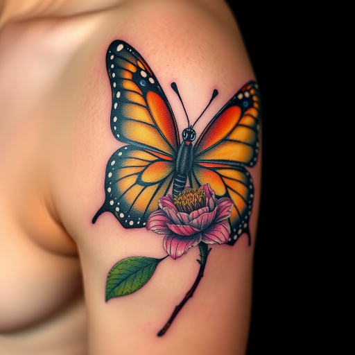 Hyper-realistic 3D tattoo titled "Living Canvas" portraying a lifelike butterfly perched on a flower, seemingly ready to take flight from the skin, with intricate details and shading creating an astonishing illusion of depth and texture