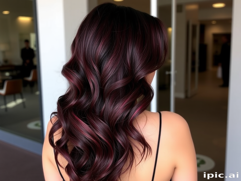 Sultry dark burgundy waves cascade down the back, featuring subtle crimson highlights and styled in a glamorous old Hollywood-inspired side sweep