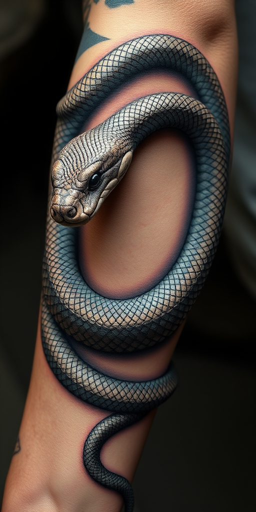 Hyperrealistic 3D snake tattoo coiling around the arm, with incredibly detailed scales and lifelike textures creating the illusion of a living creature on the skin