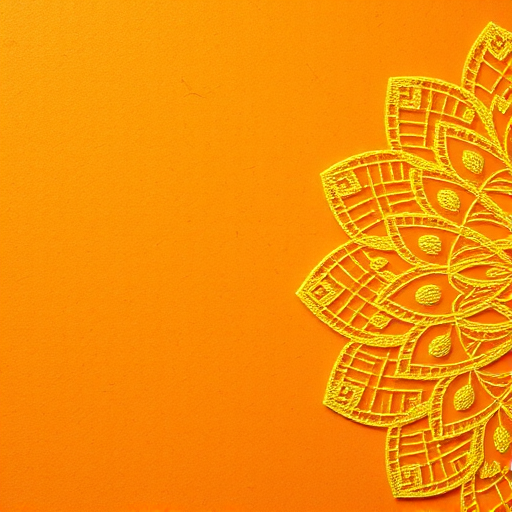 Create a high-resolution image of a textured orange background with a detailed yellow mandala design along one side, shot on a DSLR camera at f/8 aperture, ISO 100, and a 50mm lens in macro view for enhanced clarity and detail.