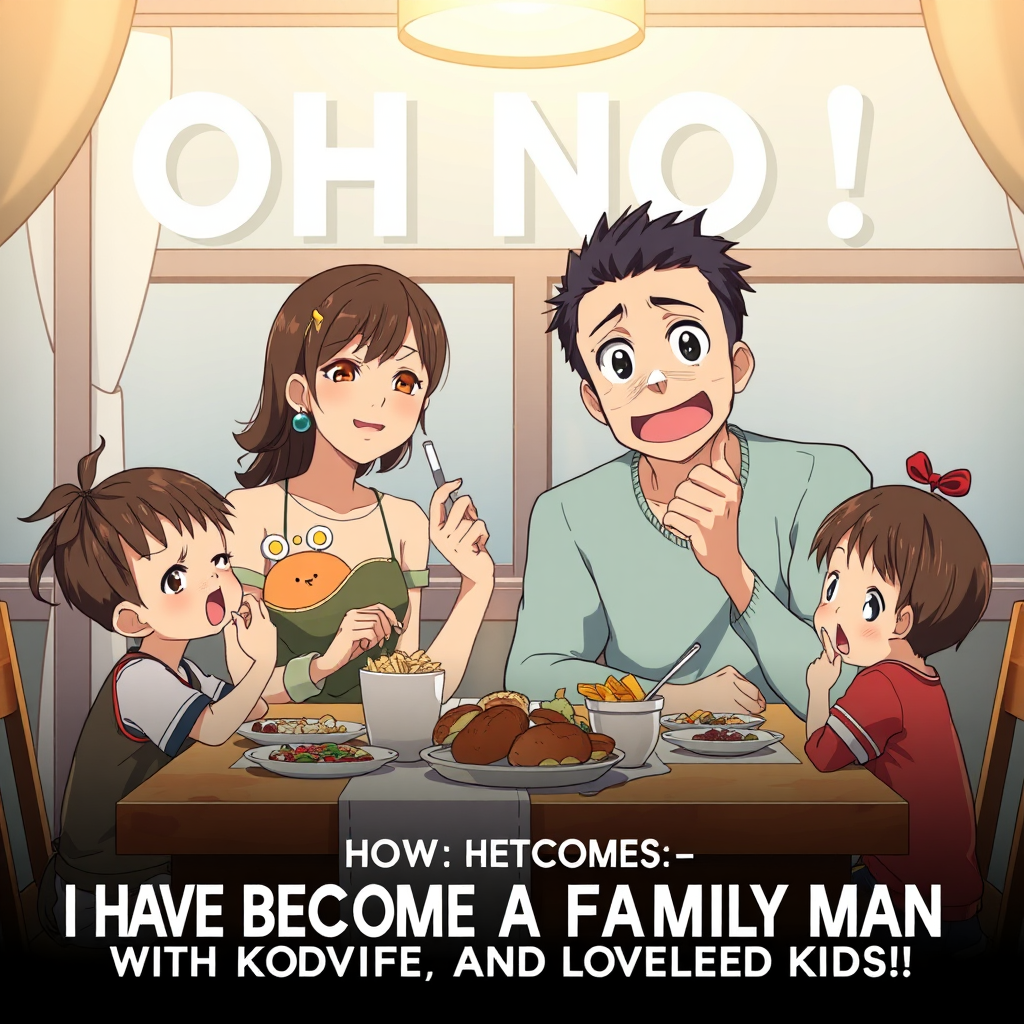isekai anime style poster depicting a happy Family of four, a surprised dad sitting at a table with his wife and two kids eating something; the movie title clearly reads "OH NO! I HAVE BECOME A FAMILY MAN WITH A DOTING WIFE AND LOVABLE KIDS!", written in clear and exact letters