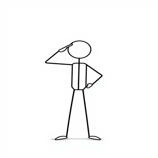 Create a high-resolution illustration of a stick figure standing in a salute pose against a plain background, shot with a 50mm lens at f/2.8, ISO 100, with a shallow depth of field to enhance focus on the figure, using a digital camera in a vector art style.