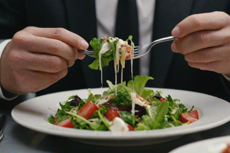 detailed edges, detailed image, perfection style, A cinematic detailed image of a man in a suit eating a salad with a fork, movie themed, sharp, detailed background, epic cinematic photography, artistic style, dramatic light style, cinematic color style, Kodak 35mm film style, detailed style, hand focus style, holding, food, table, knife, plate, realistic, spoon, fork, holding fork, food focus, vegetable, 1boy, fingernails, out of frame, photorealistic