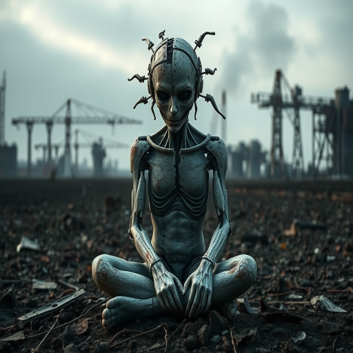 Generate a high-resolution image of a fragmented humanoid figure sitting in a desolate industrial landscape with symbolic elements of decay and transformation, using a Canon EOS R5, 50mm lens, f/1.8, ISO 100, with a soft focus and dramatic lighting to enhance depth and emotion.
