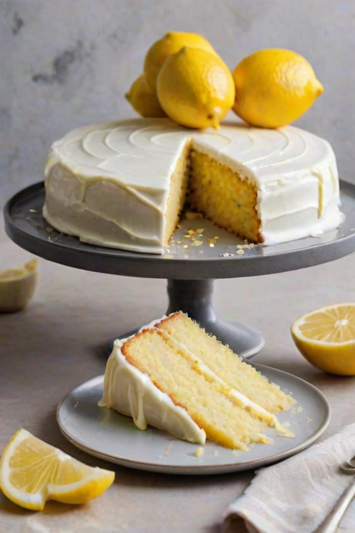 Create an image of a moist lemon cake with a smooth white frosting, topped with thin slices of fresh lemon. The cake should be cut, revealing its fluffy interior, and placed on a simple gray plate against a soft, neutral background.