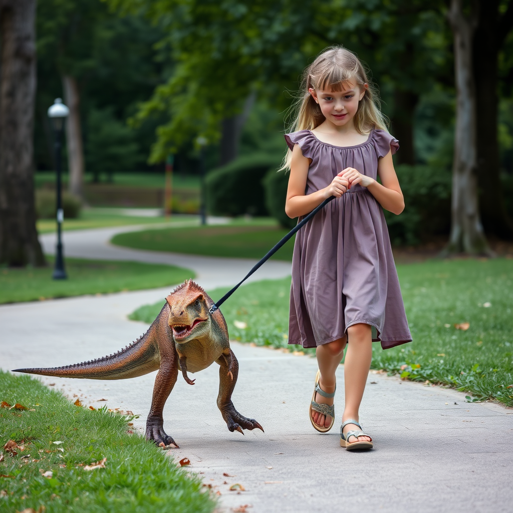 12 year old girl in a dress walking her pet Velociraptor on a leash through a park
