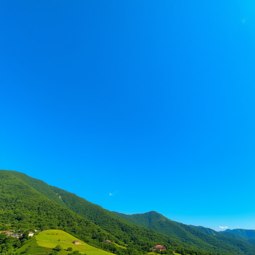 Generate a high-resolution image of a serene landscape with a clear blue sky and lush green hills, captured in a wide-angle view using a DSLR camera, aperture set to f/8 for depth of field, ISO 100 for clarity, and shutter speed 1/250 seconds to freeze motion.