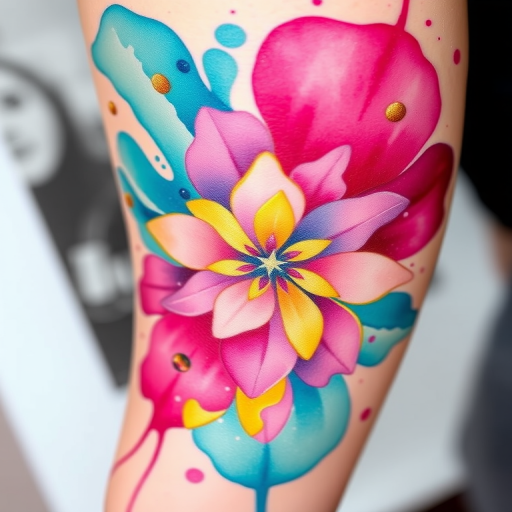Vibrant watercolor splash tattoo named "Chromatic Cascade" featuring fluid, overlapping hues of teal, magenta, and gold, creating an abstract floral pattern with delicate linework accents and subtle white highlights