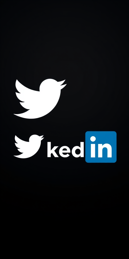 Create an image comparing Twitter and LinkedIn logos, using a professional design style with a dark gradient background, captured with a Canon EOS R5, ISO 100, f/2.8, 1/60s, high resolution to enhance clarity.