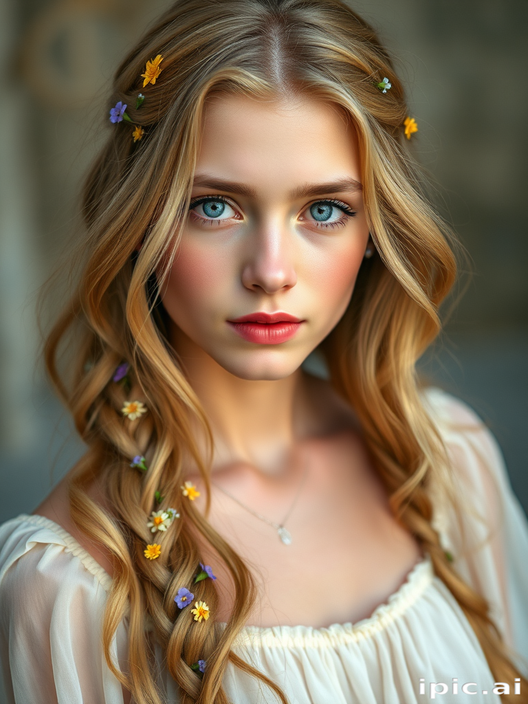 Create an image of a young woman with long, wavy blonde hair, adorned with small, colorful flowers woven into her braids and loose strands. Her complexion is fair, with soft, glowing skin, and she has light blue eyes that gaze softly at the viewer. She wears a light, flowing dress with a gentle, ethereal quality, complementing her delicate and serene appearance. The background is slightly blurred, drawing focus to her tranquil expression and the intricate details of the flowers in her hair. The overall mood of the image is one of natural beauty and grace, evoking a sense of peacefulness and connection with nature.