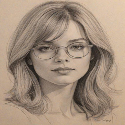 Lovely Zoe Laverne, pencil sketch, portrait of Captivating woman 1969s in glasses, hair style beatnik, outline, clear lines, fine lines, 8k