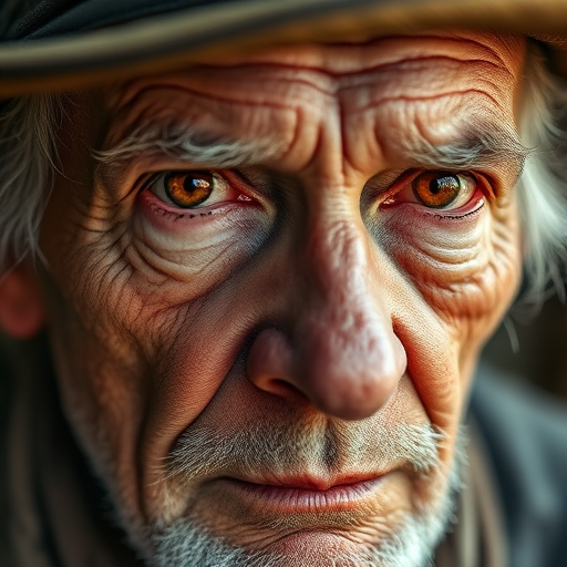 Create a close-up portrait of an old, weathered man with deep wrinkles and striking orange eyes, wearing a tattered hat, with dramatic lighting and high contrast, using a DSLR camera at 50mm, aperture f/1.8, ISO 100, and a shallow depth of field for enhanced detail.