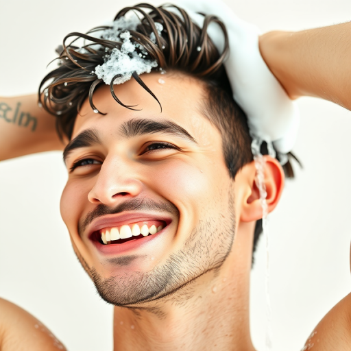 Generate a vibrant and high-resolution photo of a young man smiling while washing his hair with shampoo, captured in soft natural light, using a Canon EOS R5 with a 50mm f/1.8 lens at f/2.8, ISO 100, and a shutter speed of 1/200 sec, emphasizing water droplets and a joyful expression against a plain white background.