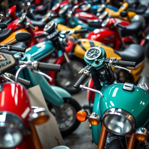 Vintage motorcycle collection, vibrant colors, soft focus, high dynamic range, f/2.8 aperture, ISO 100, 50mm lens, shallow depth of field, top-down view, DSLR camera.