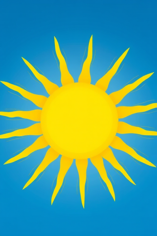 Create a vibrant illustration of a sun with rays extending outward, bright yellow color, high resolution, captured with a DSLR camera at f/8 aperture, ISO 100, 1/200 sec shutter speed, using a macro lens for enhanced detail, in a clear blue sky background.